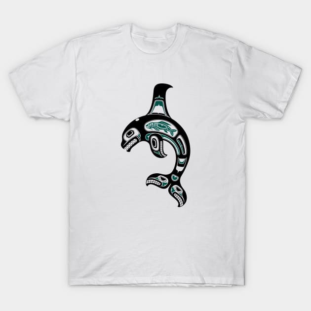 Teal Blue and Black Haida Spirit Killer Whale T-Shirt by jeffbartels